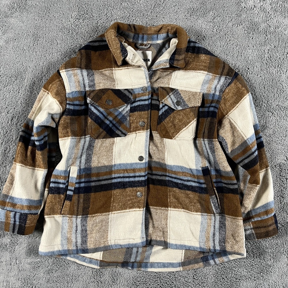 RSQ Flannel Shacket Mens XL Brown Blue Plaid Long Sleeve Collared Button Front